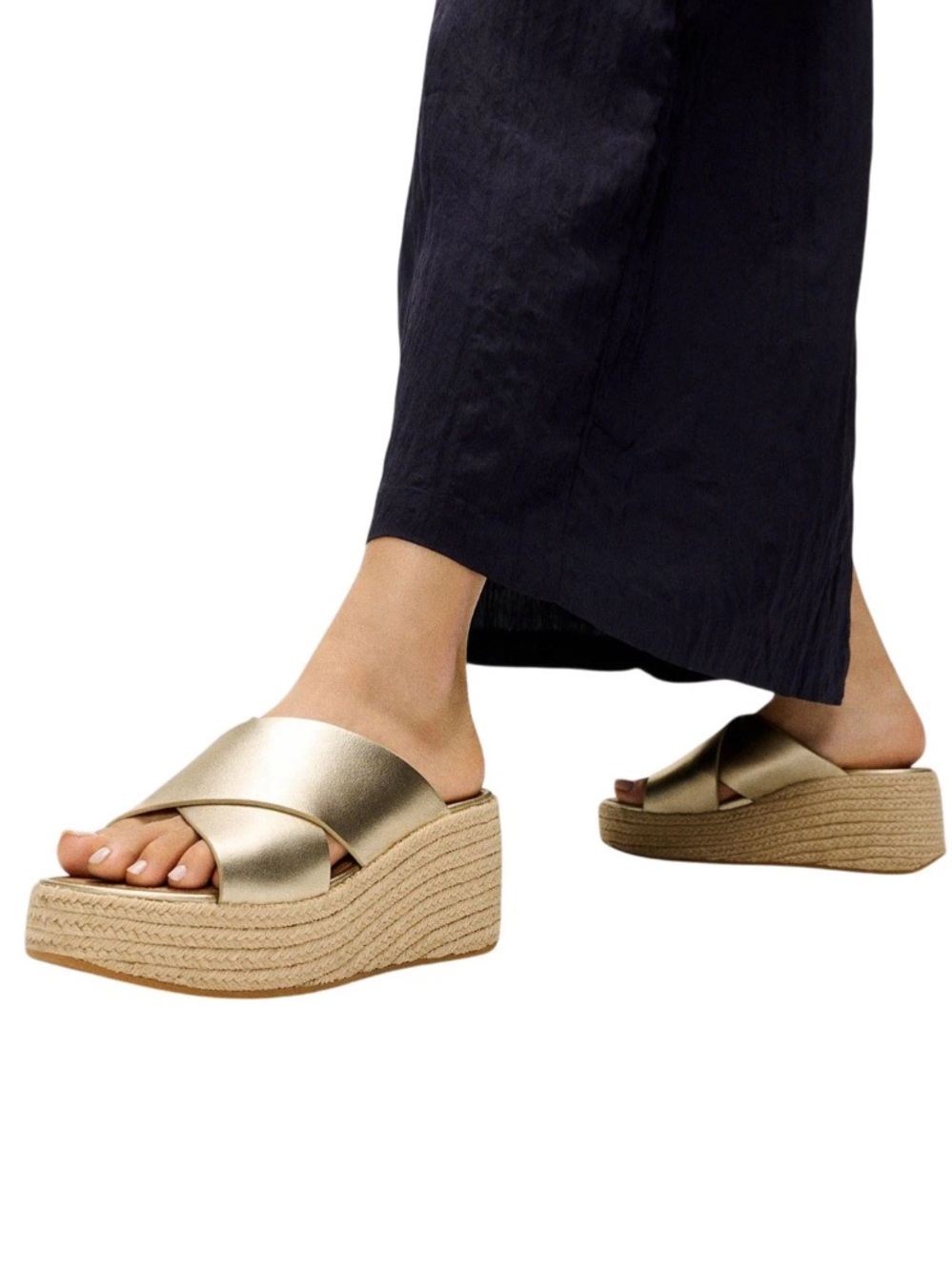 FitFlop Women’s Platino Gold Espadrille Platform Slides Sz 8 NWOB